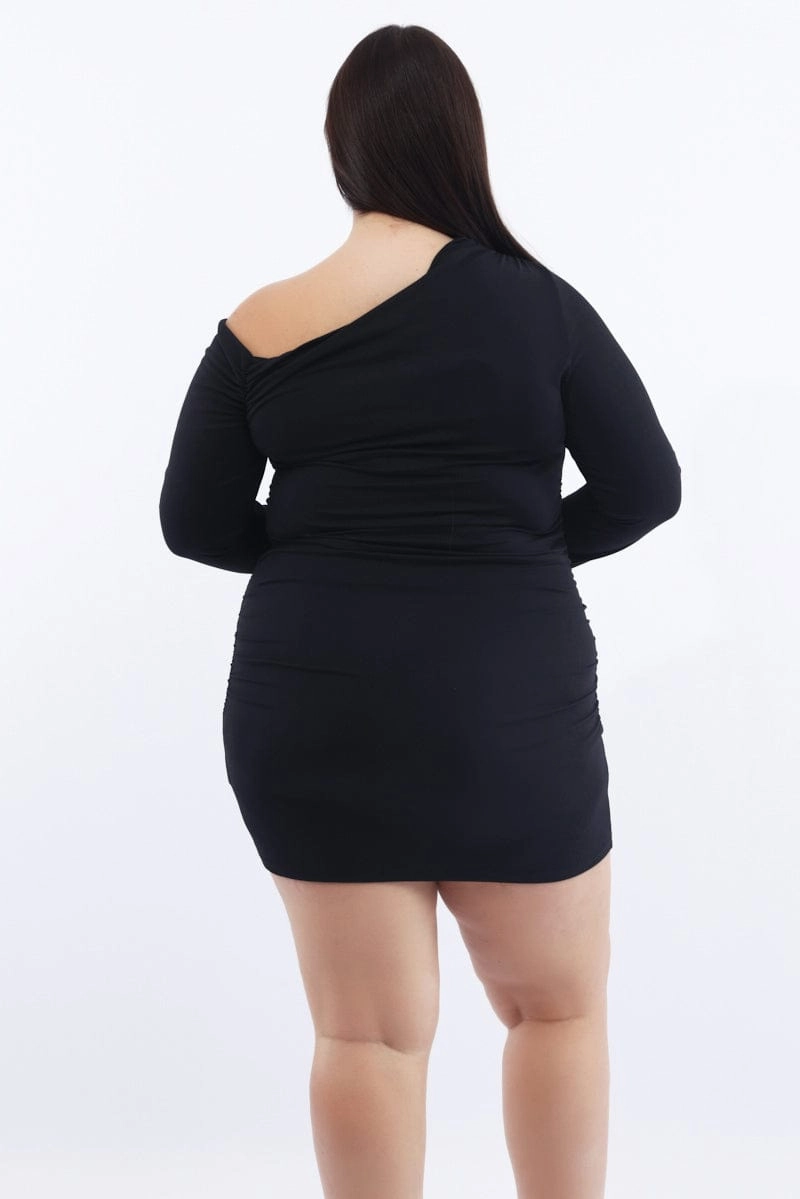 Black Asymmetric Long Sleeve Ruched Supersoft Mini Dress Chilly Day Layers