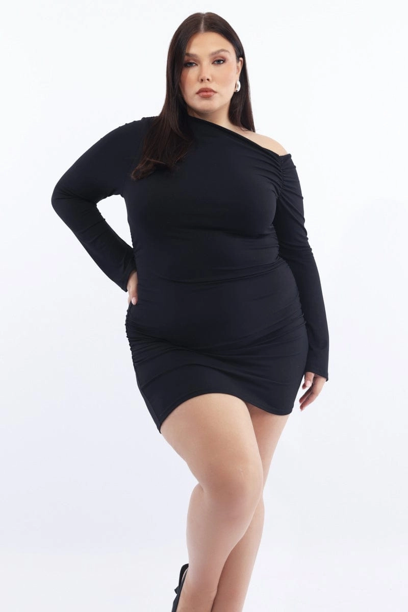 Soft Wear Black Asymmetric Long Sleeve Ruched Supersoft Mini Dress