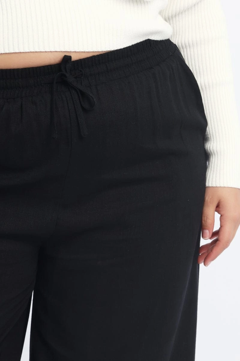 Recyclable Fabric Blend Black Back Pocket Linen Blend Wide Leg Pants