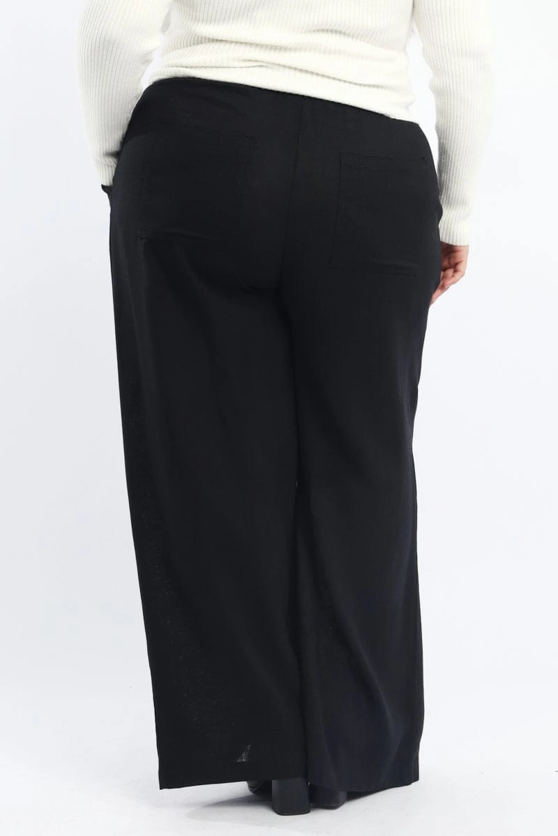 Soft and Stretchy Black Back Pocket Linen Blend Wide Leg Pants