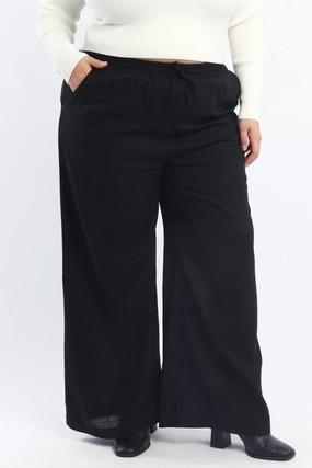 Black Back Pocket Linen Blend Wide Leg Pants Urban Comfort Casual Active Wear