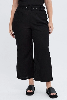 Black Belted Pant Wide Leg Linen Blend With Beltloops Quick Change Seamless Wear