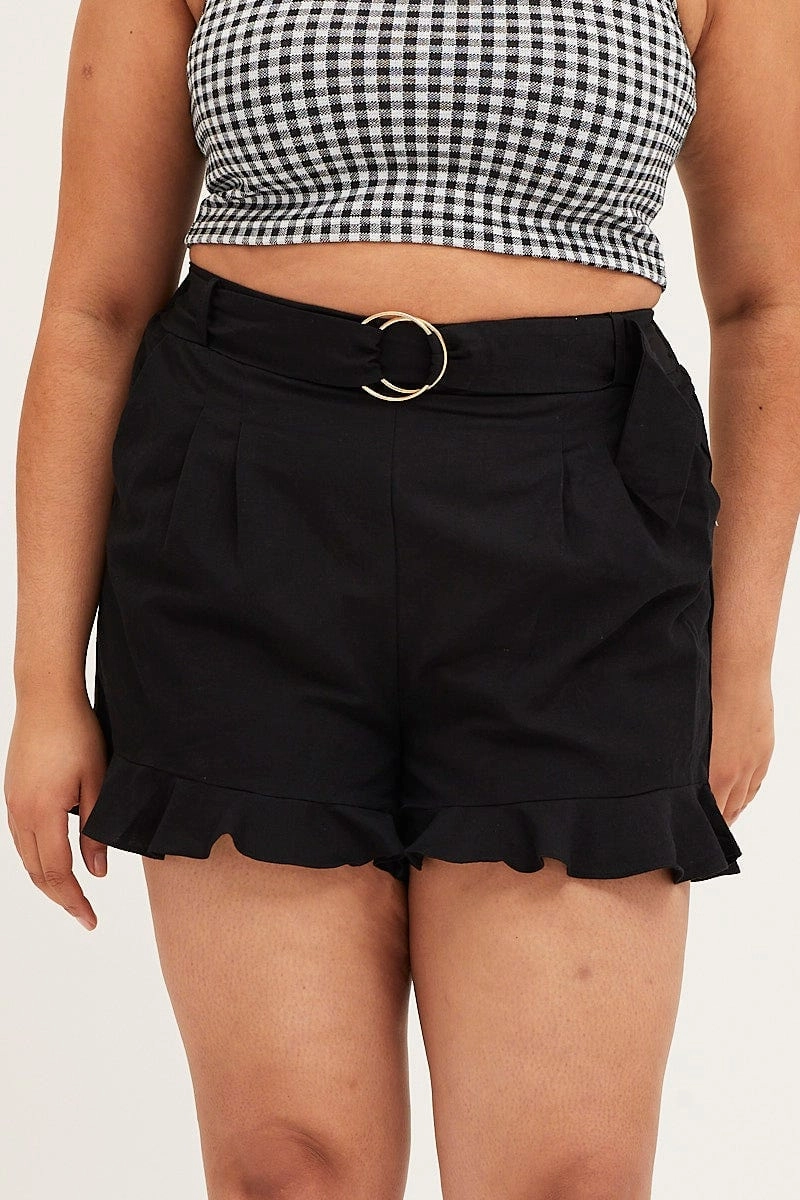 Black Belted Shorts Mid Rise Linen Blend Ruffle Hem mountain style Contemporary Cut