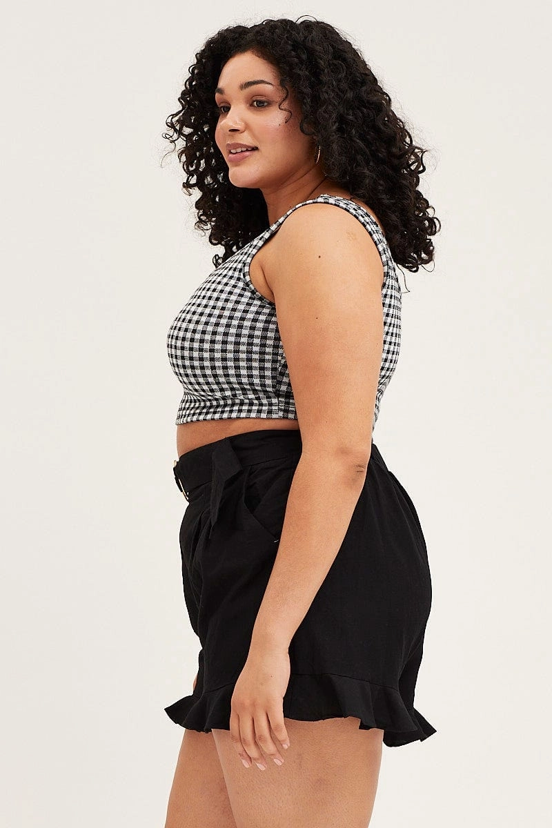 Ventilated Design Black Belted Shorts Mid Rise Linen Blend Ruffle Hem