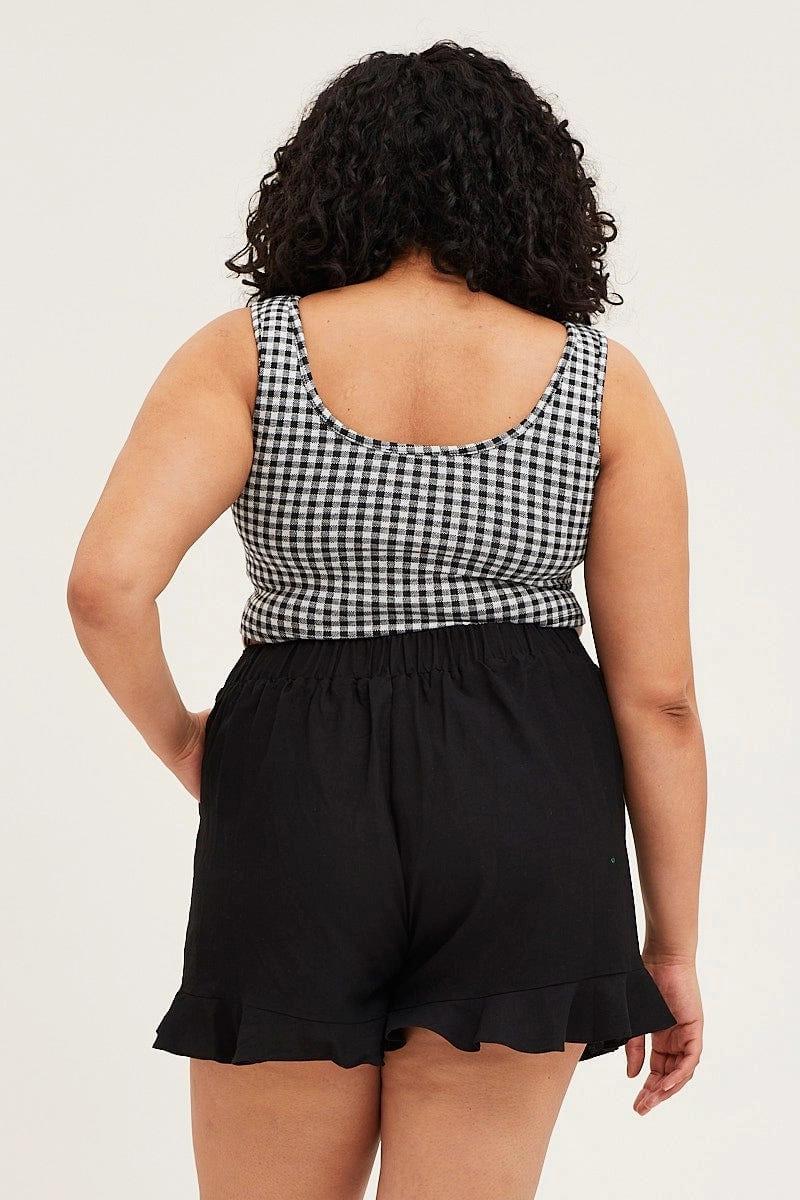 Black Belted Shorts Mid Rise Linen Blend Ruffle Hem simple design