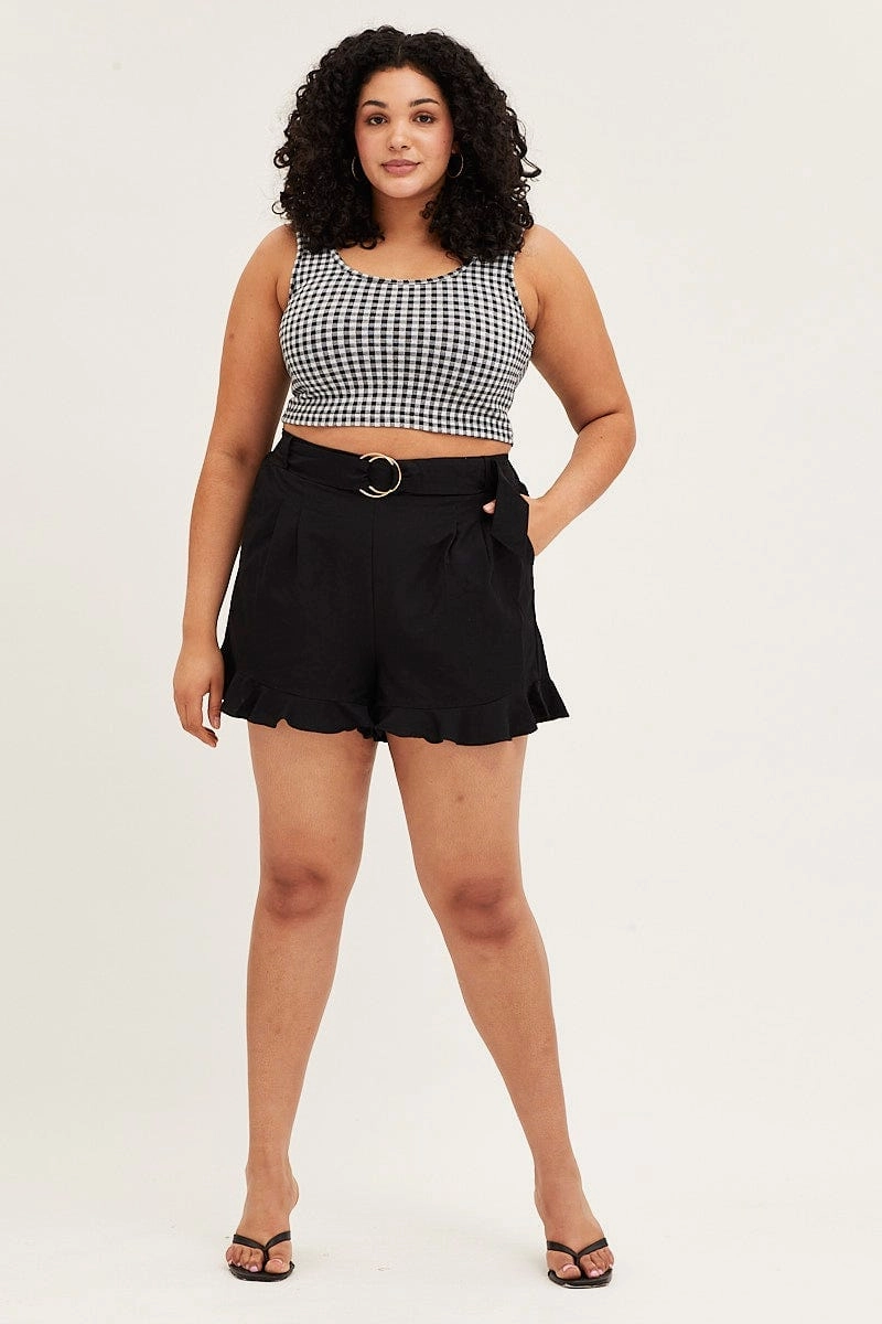 Sport Comfort Black Belted Shorts Mid Rise Linen Blend Ruffle Hem