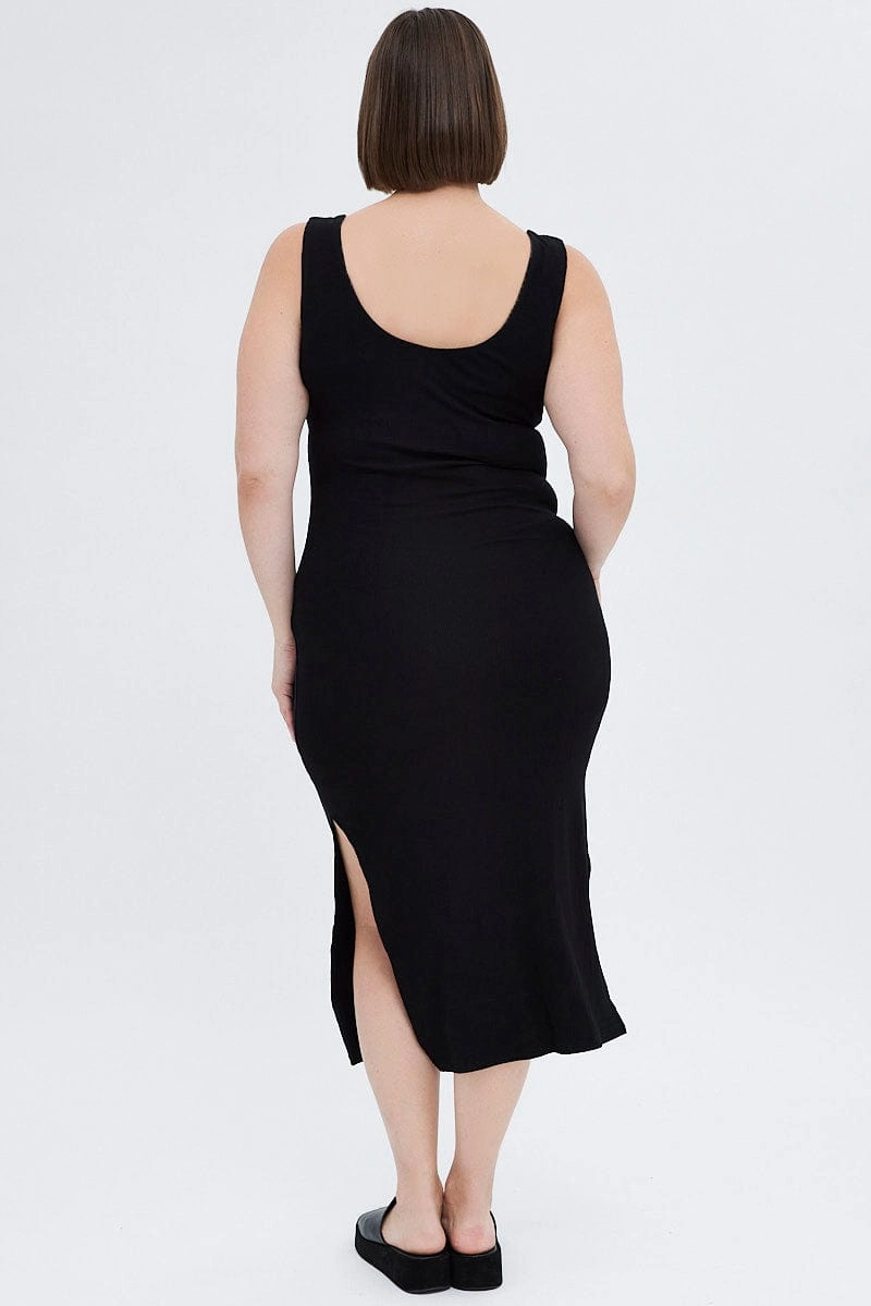 Black Bodycon Dress Rib Jersey Sleeveless Midi Tailored Comfort
