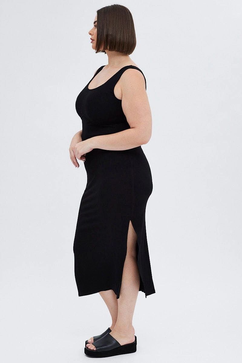 Perfect Fit Look Daywear Mood Black Bodycon Dress Rib Jersey Sleeveless Midi