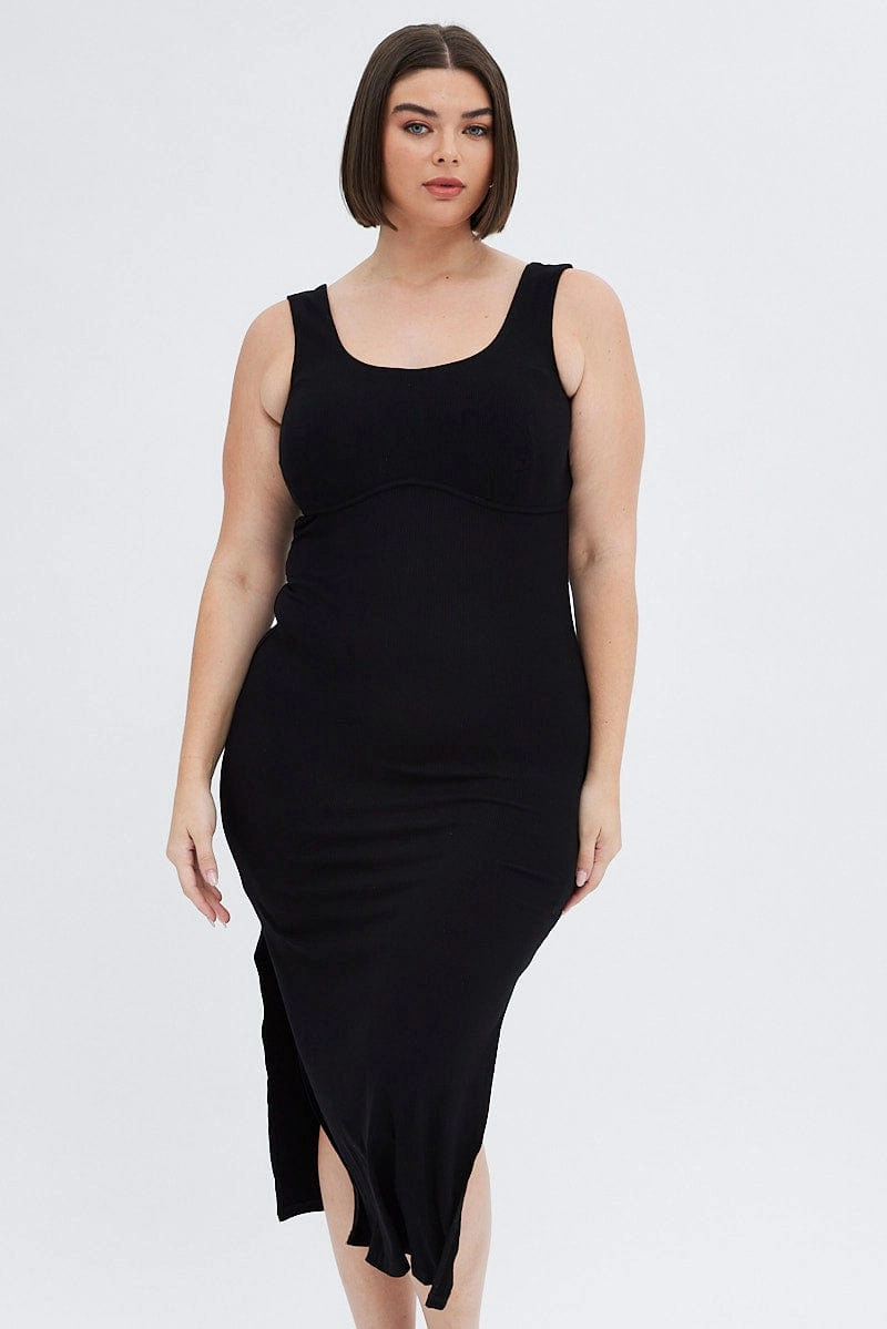 Black Bodycon Dress Rib Jersey Sleeveless Midi Trendy floral dress