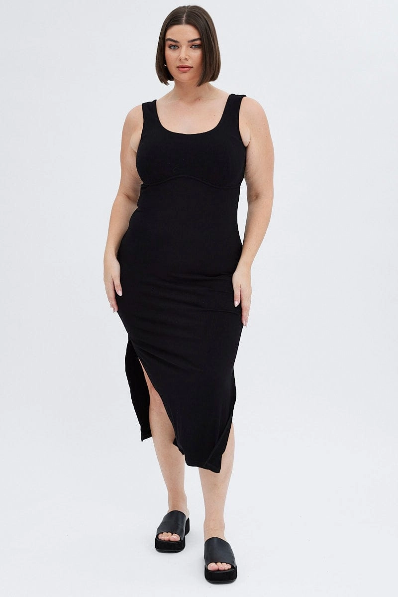 Elegant Mature Breeze Flow Black Bodycon Dress Rib Jersey Sleeveless Midi