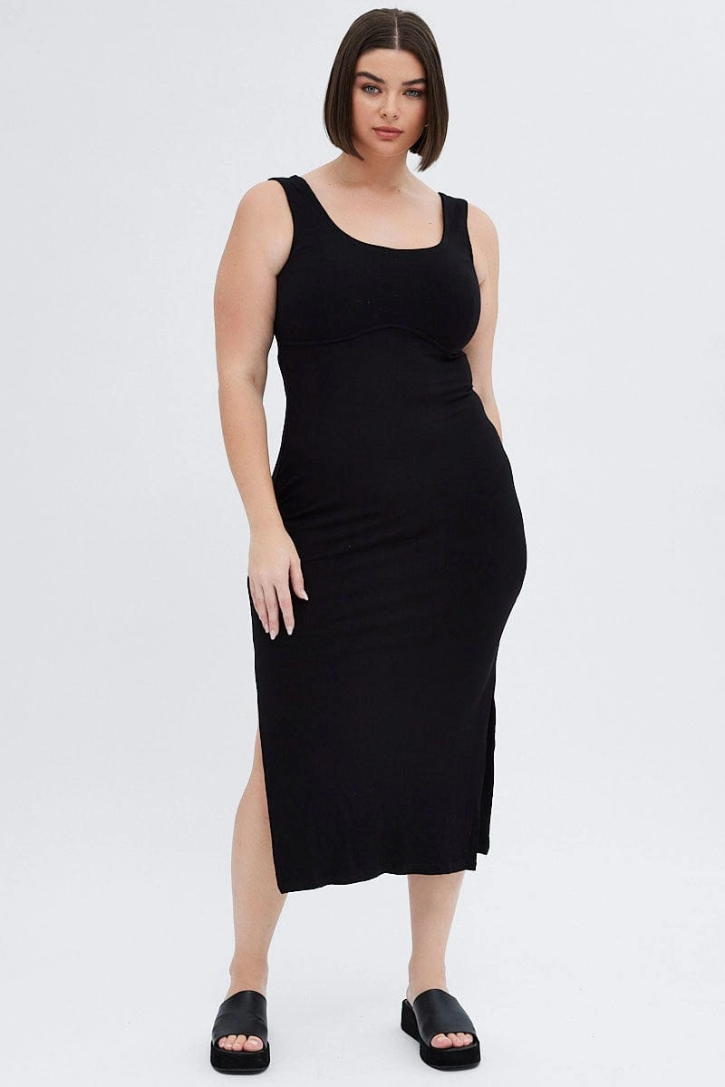 Black Bodycon Dress Rib Jersey Sleeveless Midi Soft Material