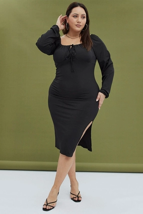 DoubleLayeredMaterial Black Bodycon Dress Rib Jersey Tie Midi Off Shoulder