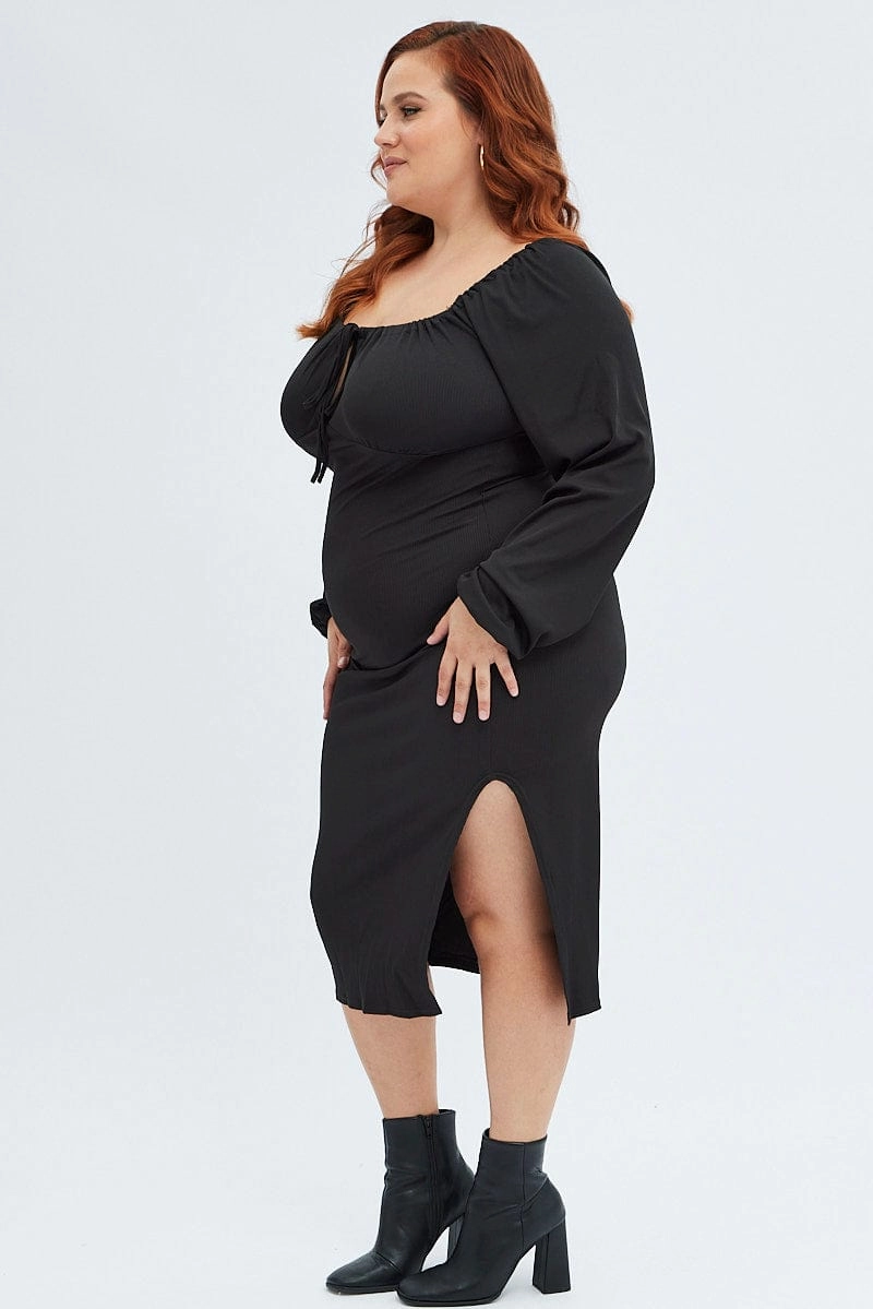 Black Bodycon Dress Rib Jersey Tie Midi Off Shoulder Chilly Weather Wear