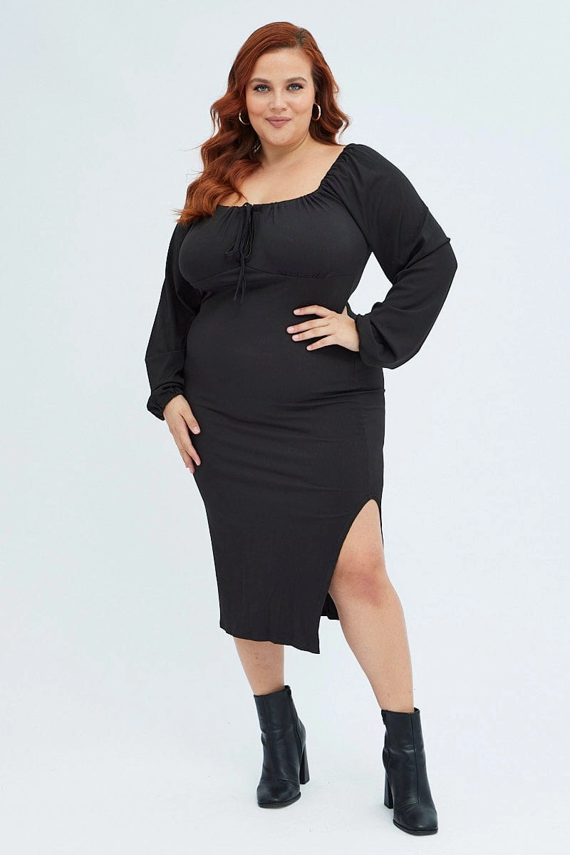 Black Bodycon Dress Rib Jersey Tie Midi Off Shoulder Breathable Wearable City Essential