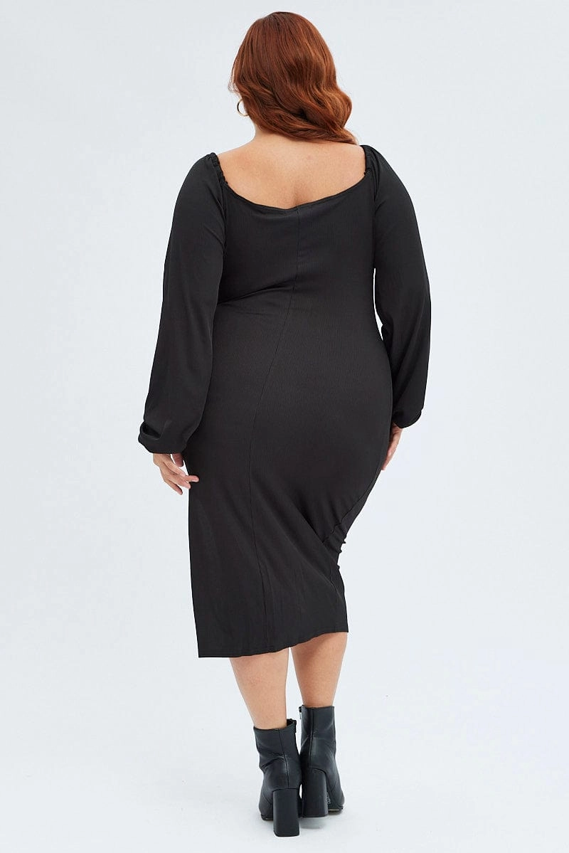 Stylish Choice Black Bodycon Dress Rib Jersey Tie Midi Off Shoulder