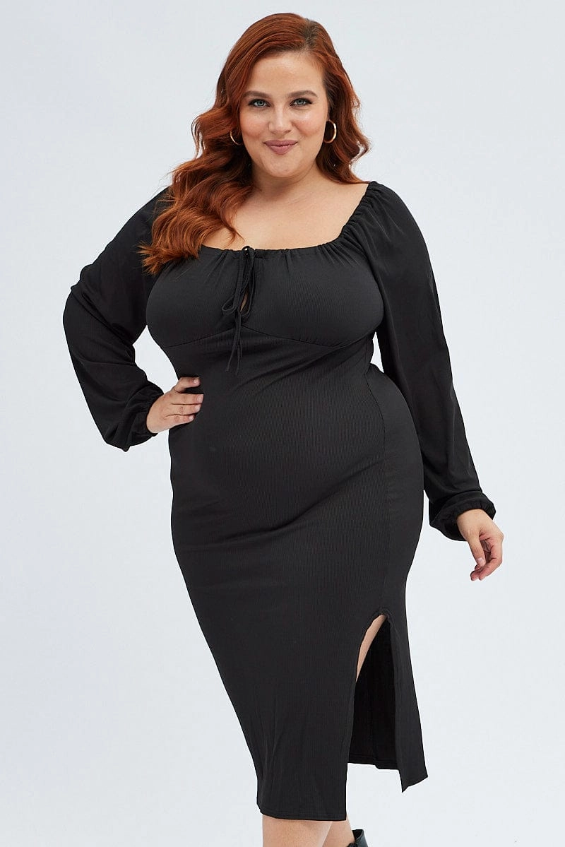 Black Bodycon Dress Rib Jersey Tie Midi Off Shoulder Soft Design Clean Cut