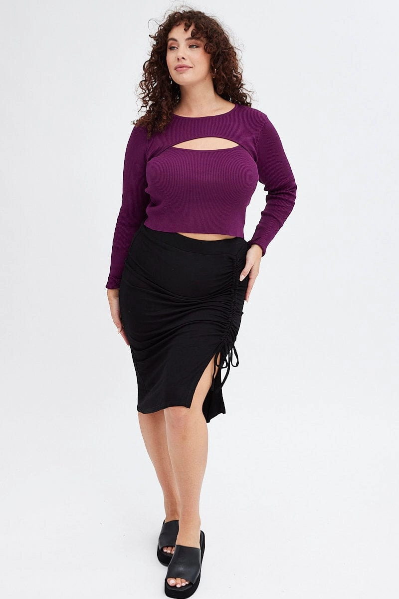 Statement Color Black Bodycon Midi Skirt Drawstring Rib