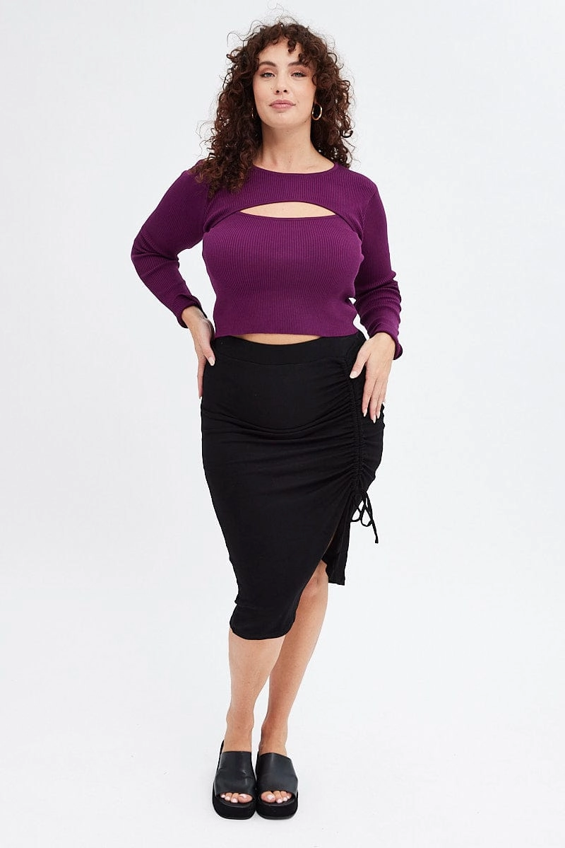 Black Bodycon Midi Skirt Drawstring Rib Shopping Trip Suede Feel