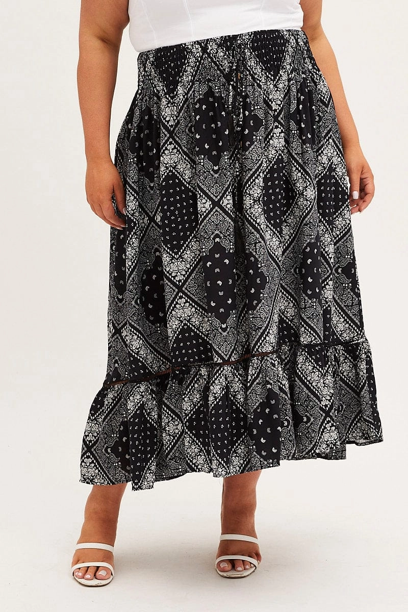 Business Meeting Black Boho Midi Skirt High Waist Tiered