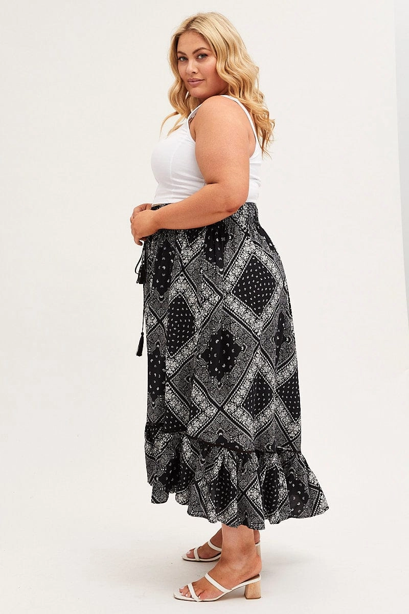 Black Boho Midi Skirt High Waist Tiered Fold Over Detail Ombre effect