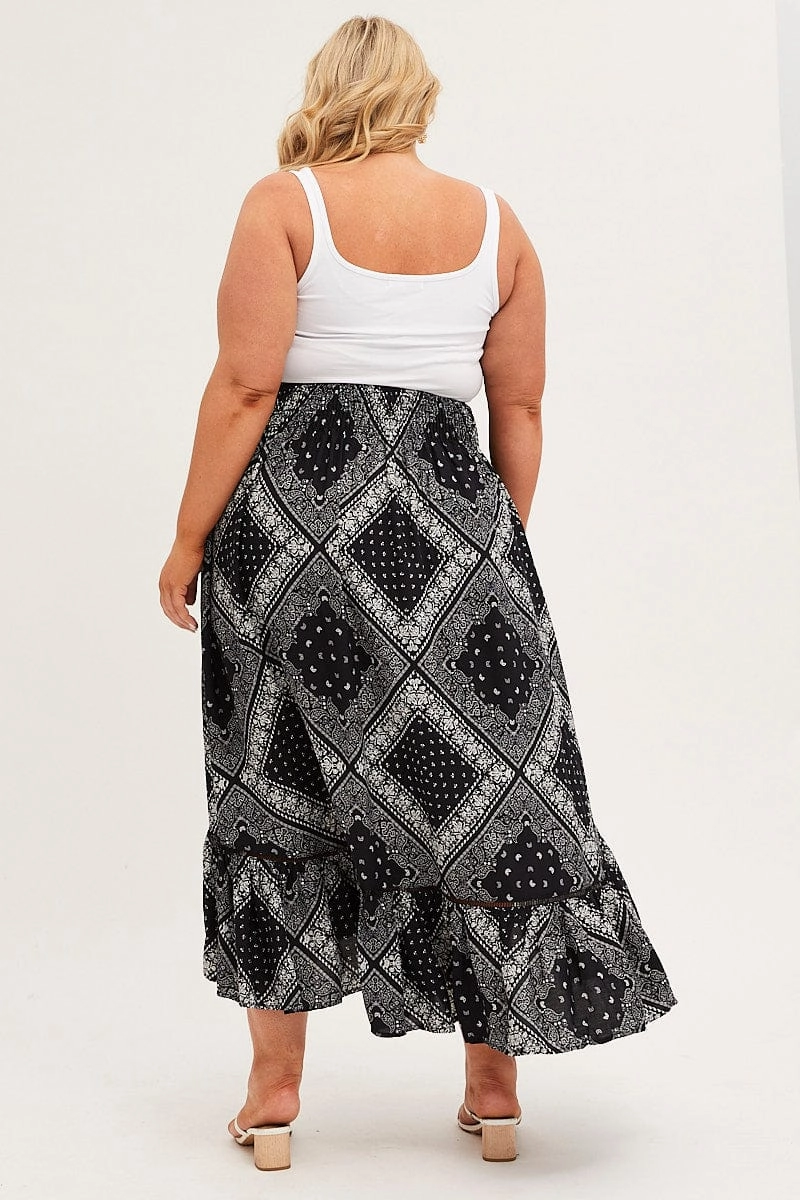 Black Boho Midi Skirt High Waist Tiered Fringe Detail