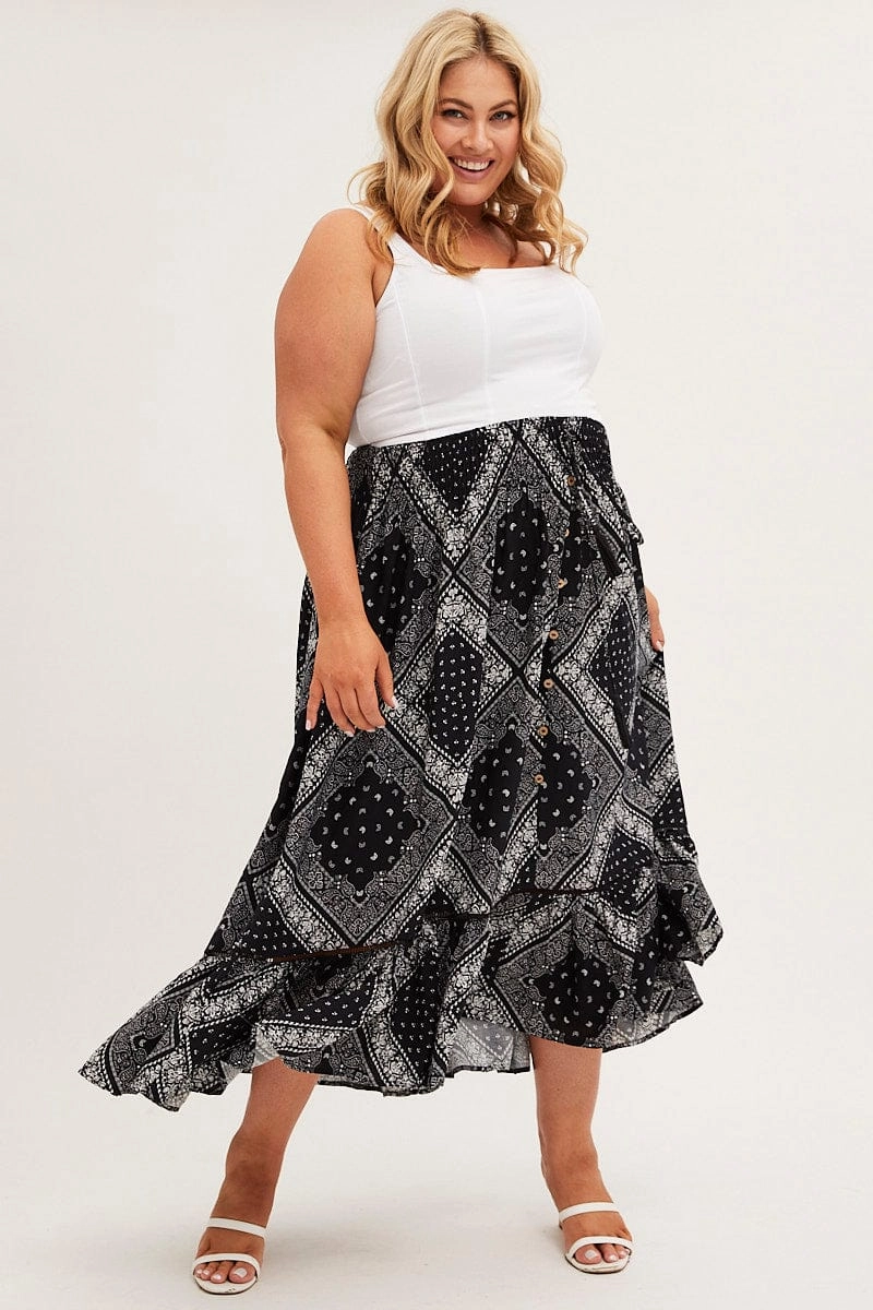 Flexible Motion Black Boho Midi Skirt High Waist Tiered