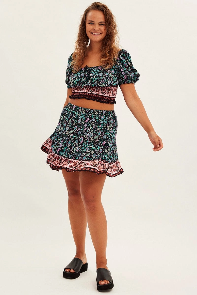 Black Boho Mini Skirt High Waist Tiered Cultural Event Non Irritating Edges