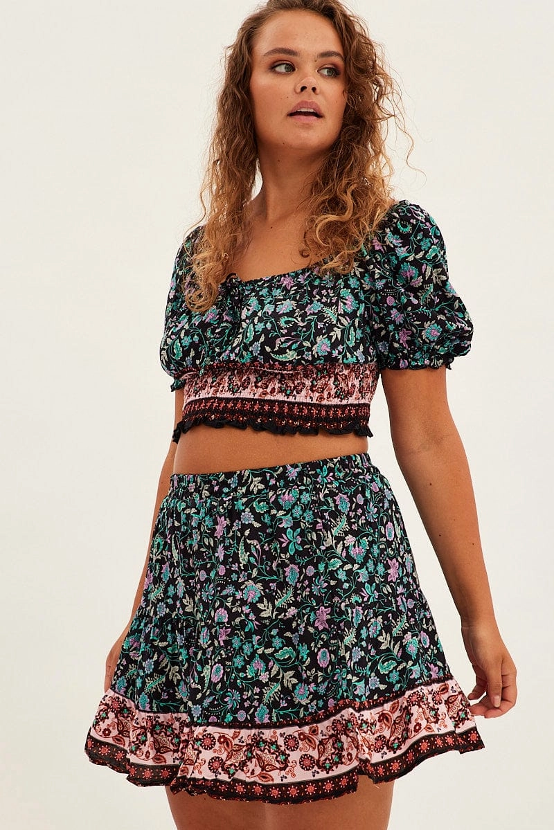 Casual Style Black Boho Mini Skirt High Waist Tiered
