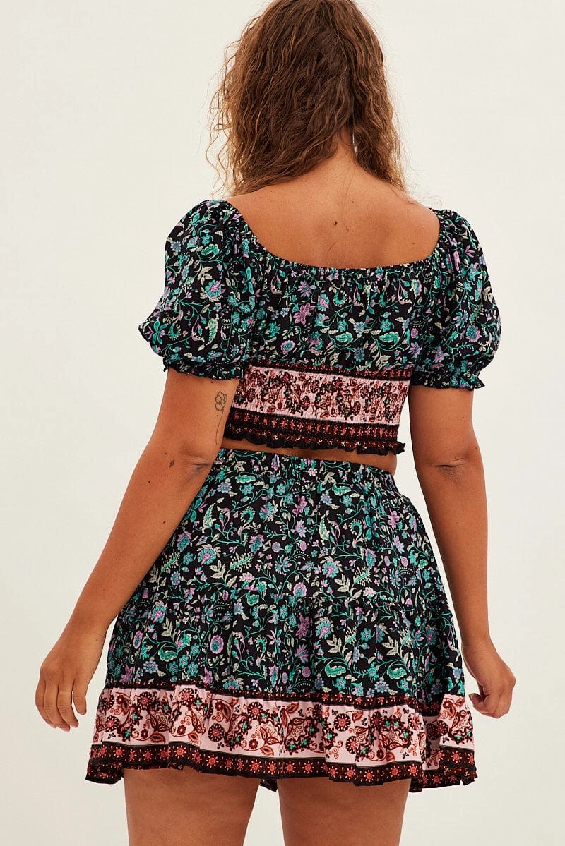 Black Boho Mini Skirt High Waist Tiered Moisture wicking Winter Layering