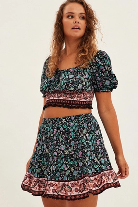 Casual Style Black Boho Mini Skirt High Waist Tiered