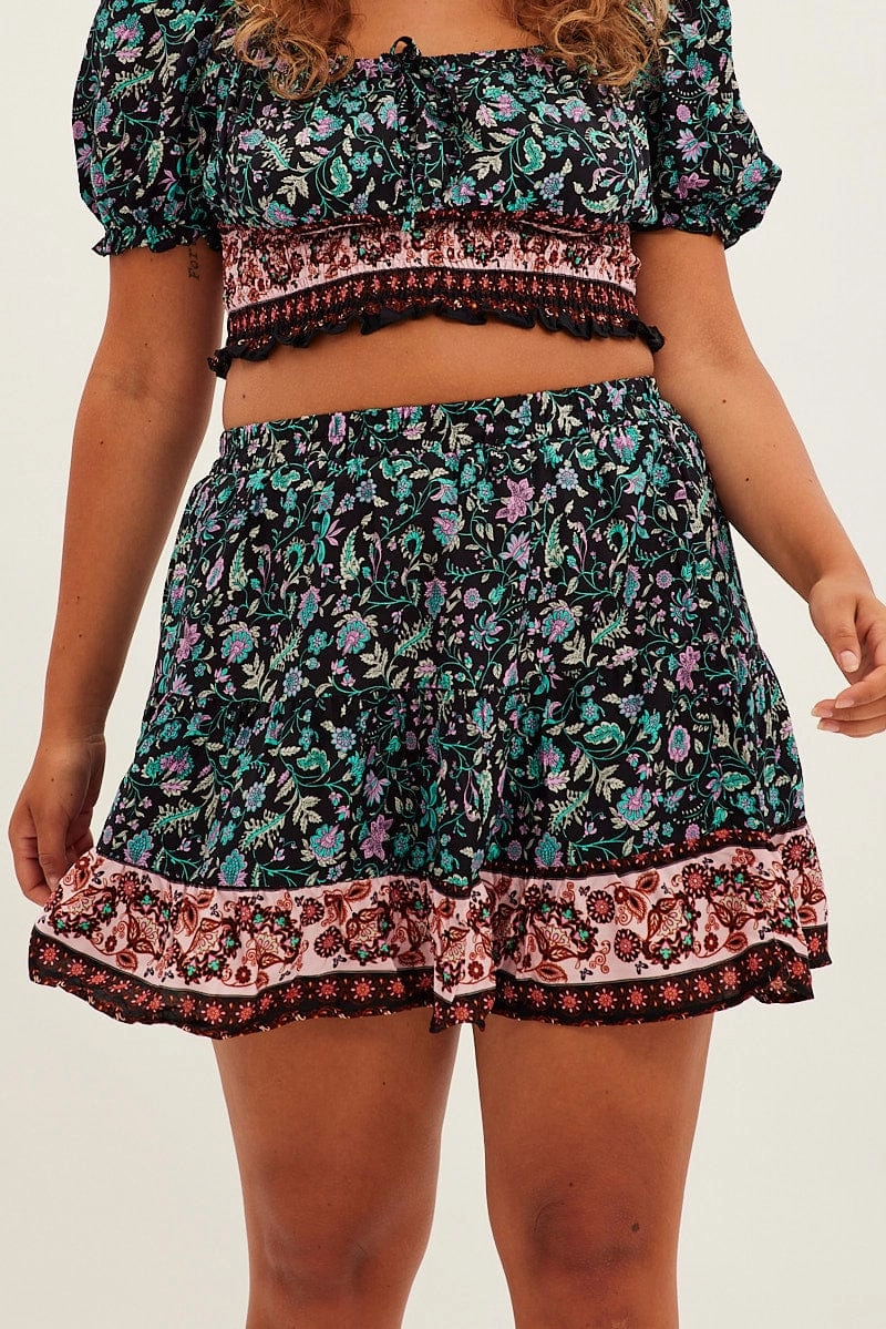 Plant Based Material Black Boho Mini Skirt High Waist Tiered