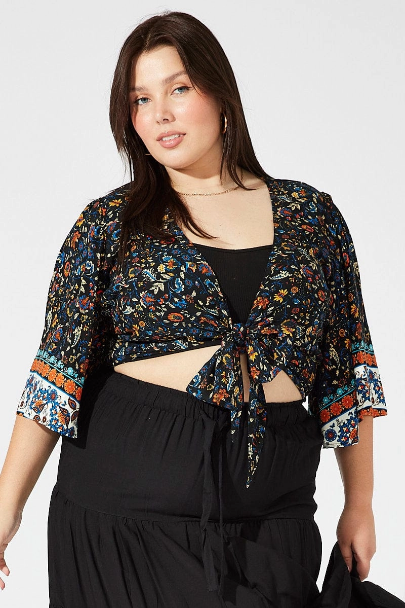 Black Boho Tie Front Bolero Top Flare Sleeve Reflective Safety Accents Heat Reflective Layer