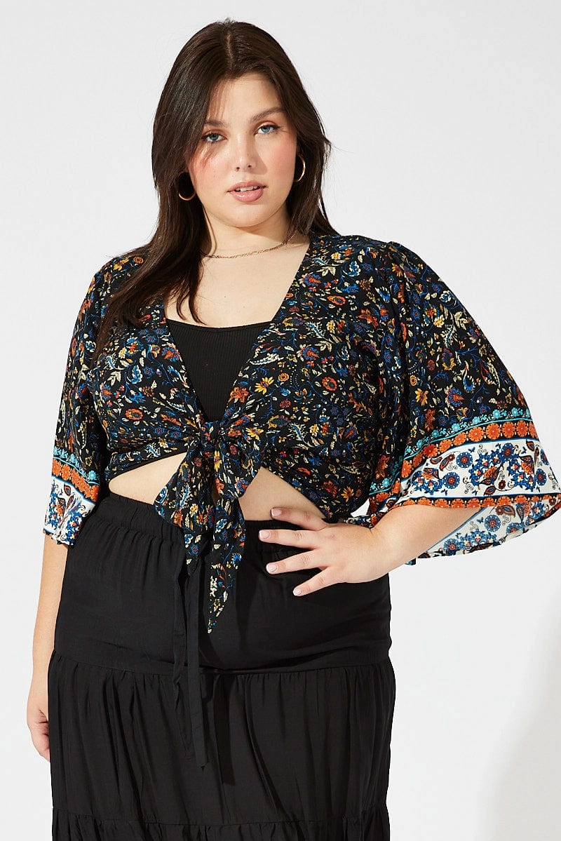 Black Boho Tie Front Bolero Top Flare Sleeve Evening Chill Piece Calm Day Fit