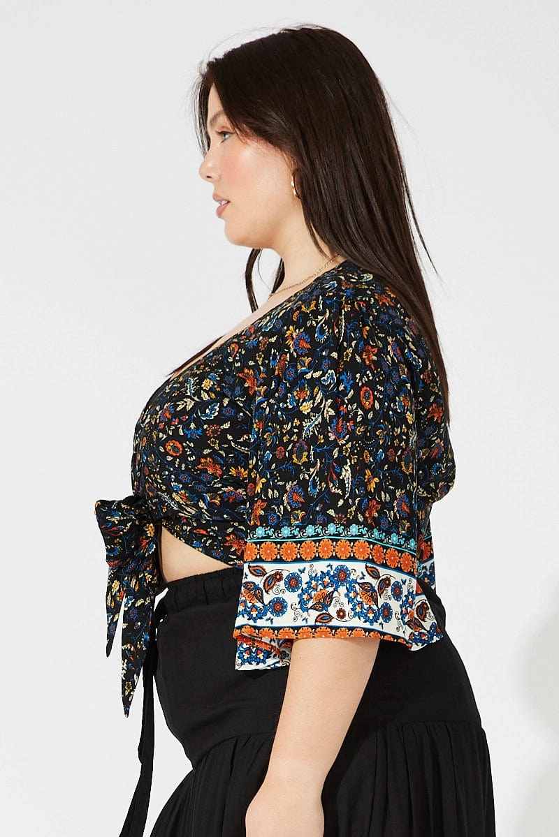 Black Boho Tie Front Bolero Top Flare Sleeve Layered Collar Design SeamSealed Edges