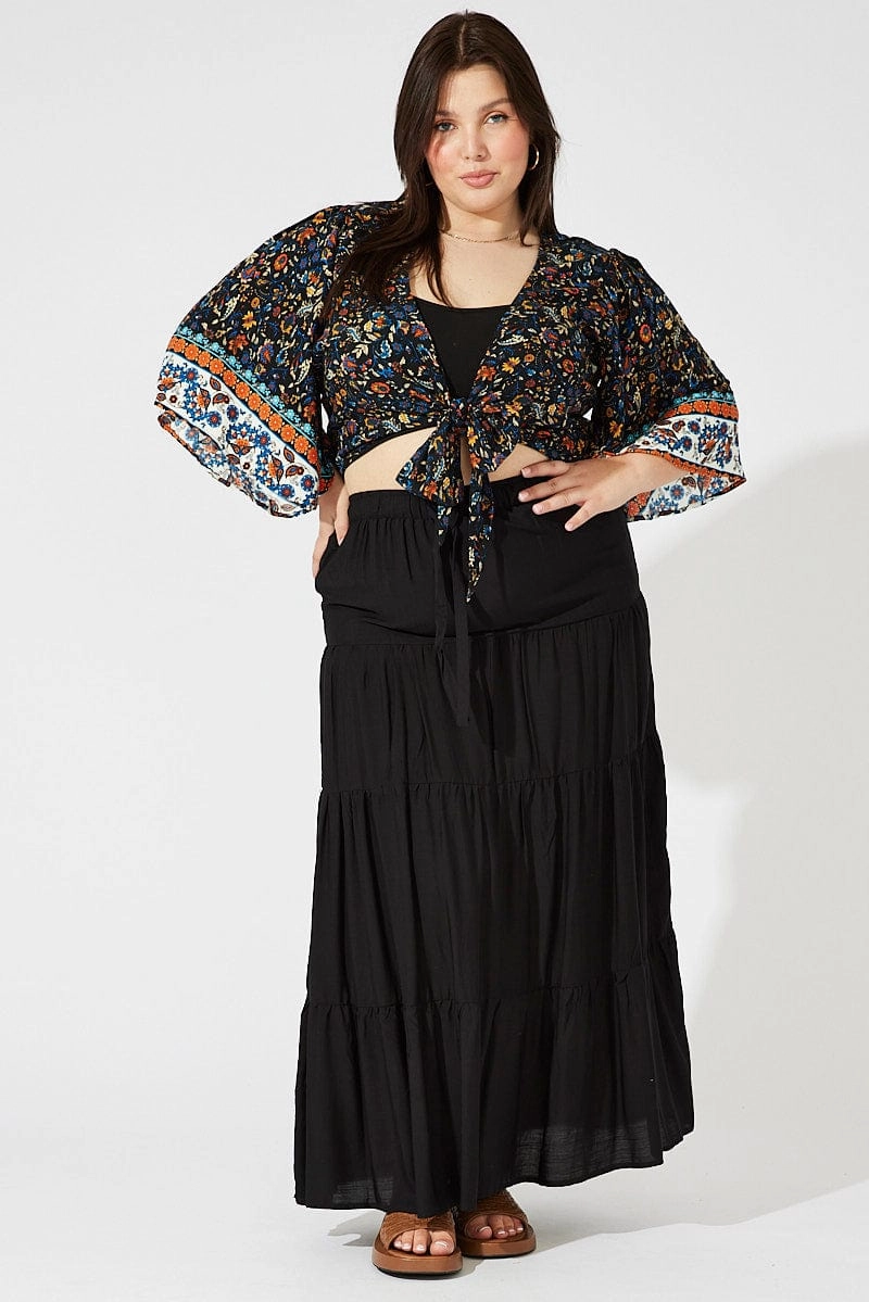 Black Boho Tie Front Bolero Top Flare Sleeve Lightweight Insulation Technology Hidden Ventilation