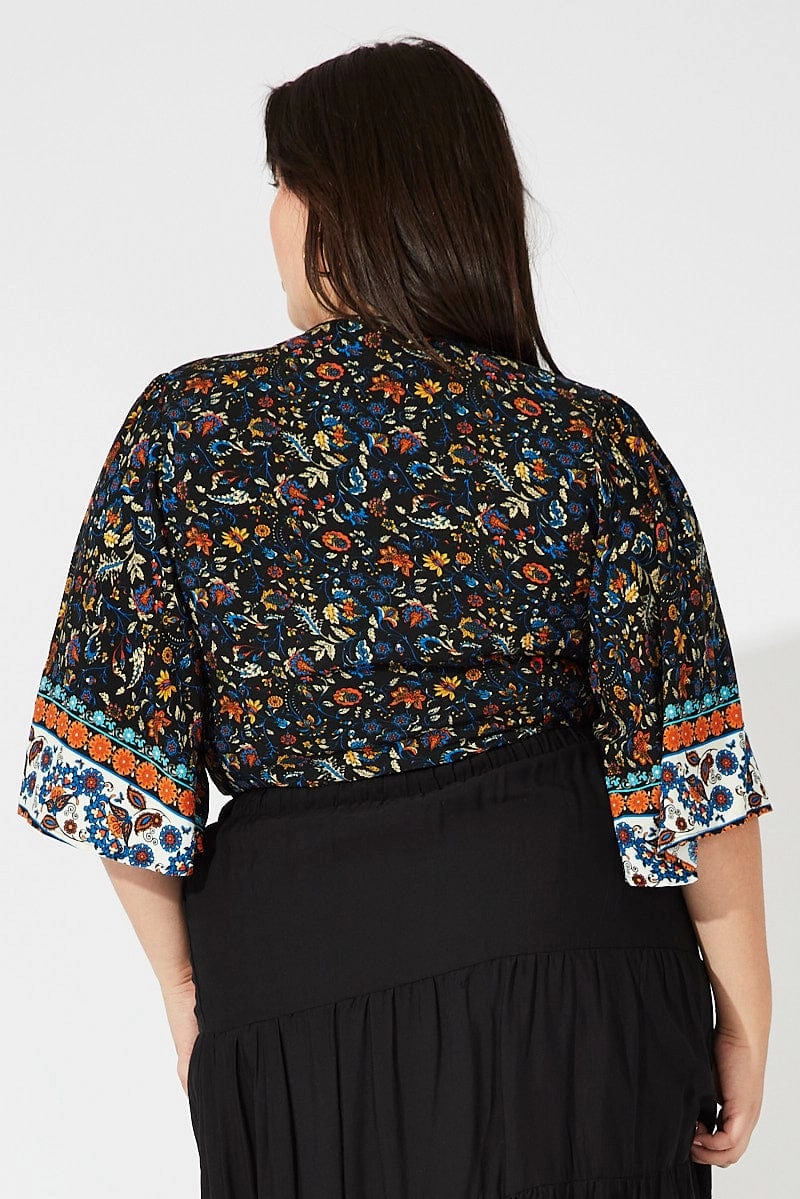 Minimal Daily Fit Black Boho Tie Front Bolero Top Flare Sleeve