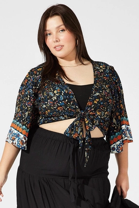 Black Boho Tie Front Bolero Top Flare Sleeve Reflective Safety Accents Heat Reflective Layer