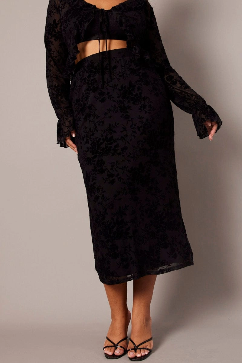 Structured silhouette Ventilated Panels Black Burnout Elastic Waist Skirt