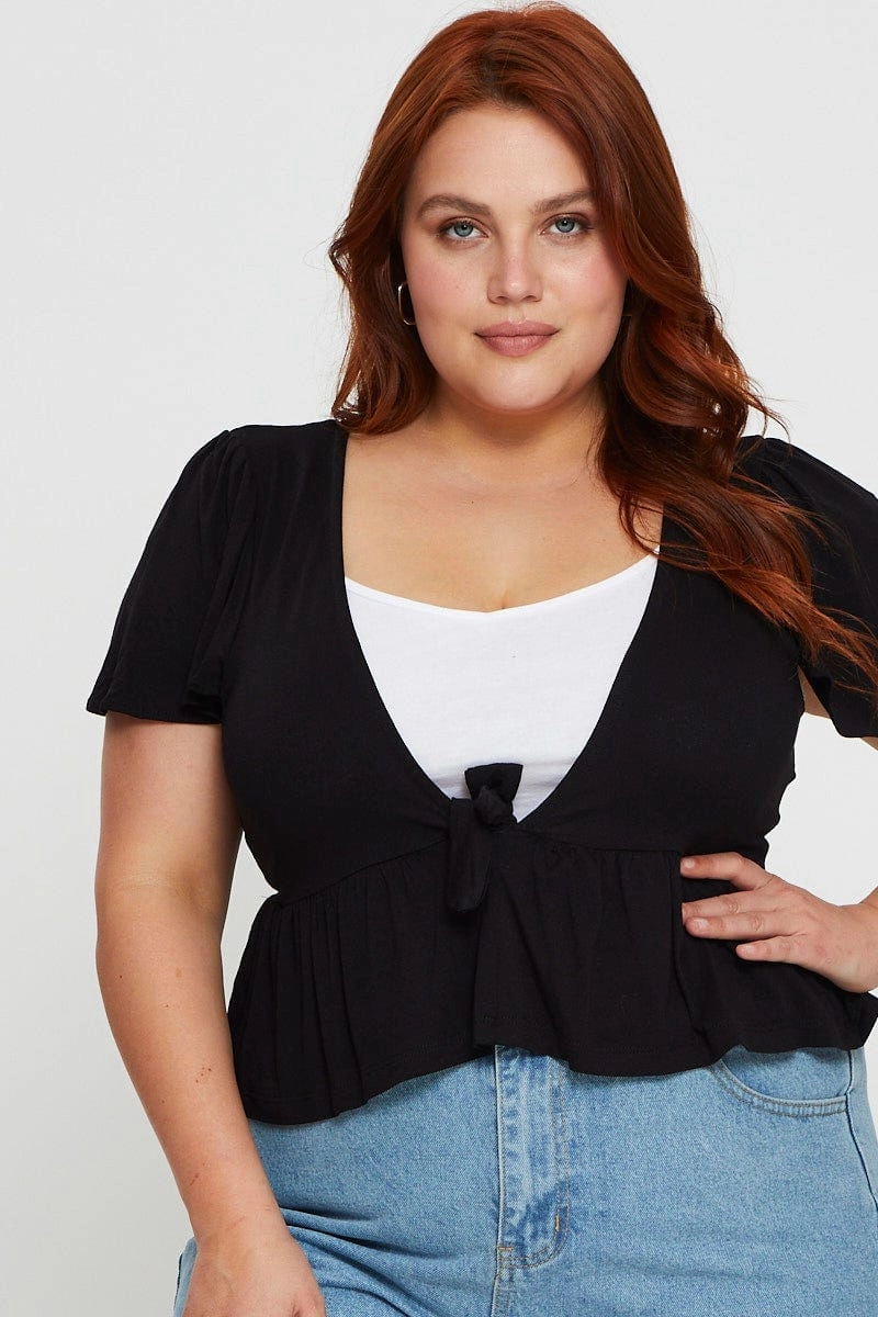 Flexible Material Ergonomic Armhole Cut Black Cardigan Short Sleeve Jersey Tie Up