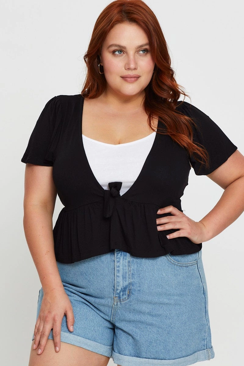 Runway Inspired Multi Pocket Layout Black Cardigan Short Sleeve Jersey Tie Up