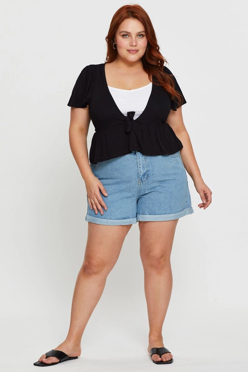 Black Cardigan Short Sleeve Jersey Tie Up Ergonomic Fit