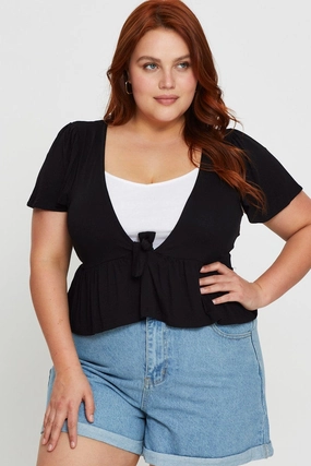 Runway Inspired Multi Pocket Layout Black Cardigan Short Sleeve Jersey Tie Up