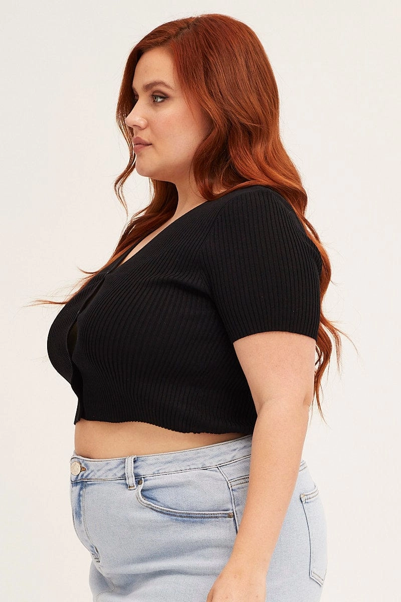 HypoallergenicMaterial Black Cardigan Short Sleeve Ribbed Crop Knit