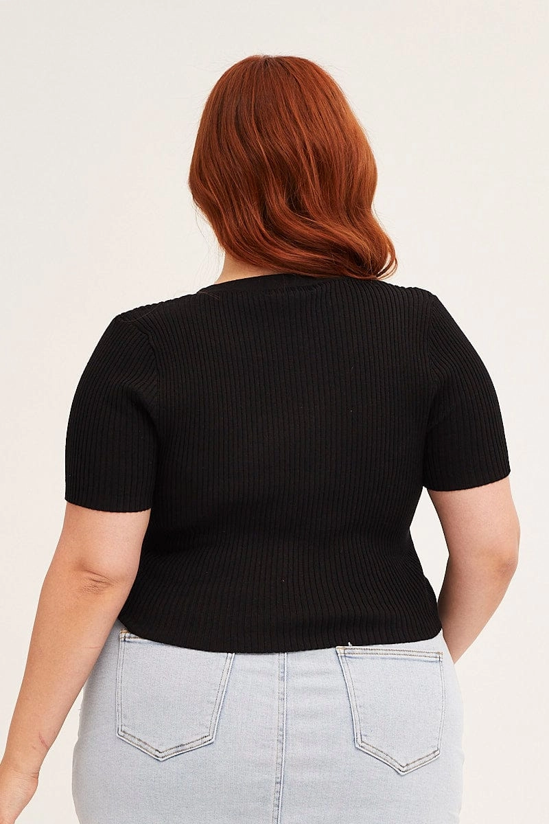 Black Cardigan Short Sleeve Ribbed Crop Knit CompressionResistant