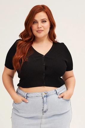 Black Cardigan Short Sleeve Ribbed Crop Knit Pre Shrunk Cotton Blend
