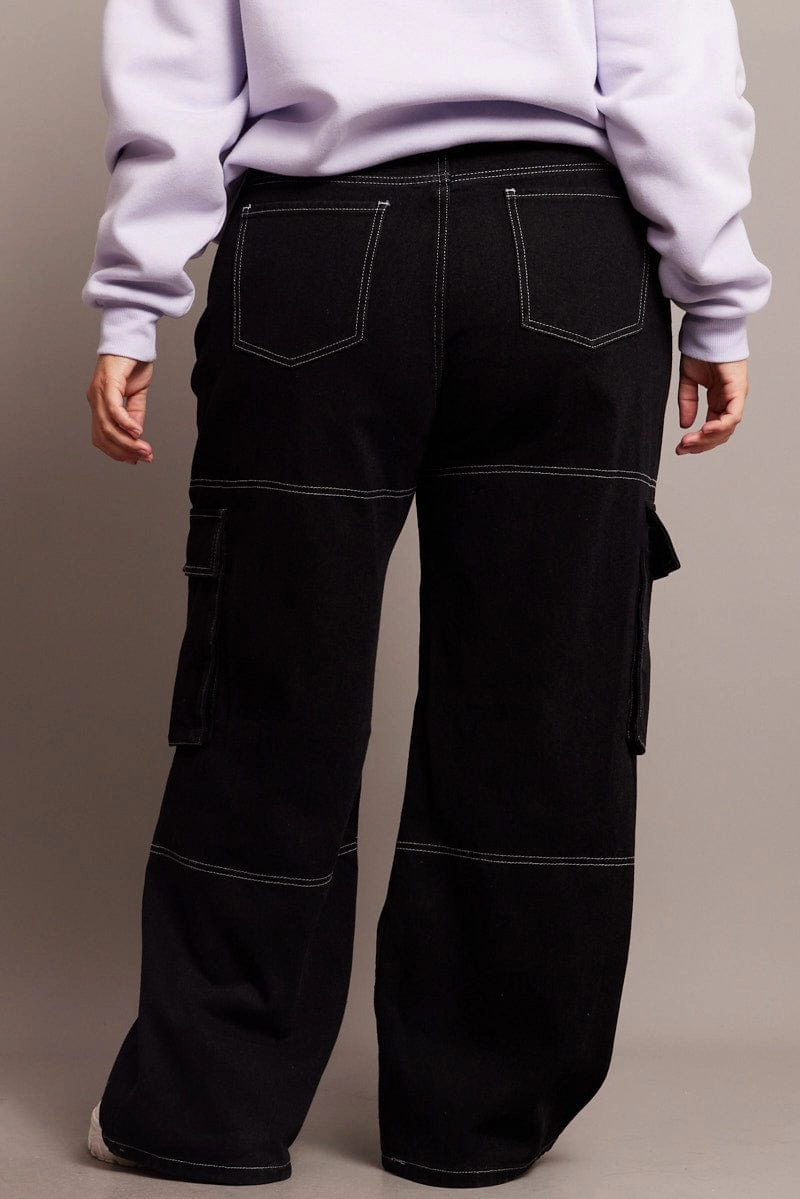Black Cargo Jeans High Rise Wide Leg Contrast Details Comfy Waist Loose Outdoor Adventure Work Meeting