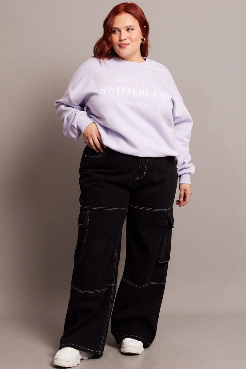 Black Cargo Jeans High Rise Wide Leg Contrast Details Minimalist Daily Wear Loose Common Wear