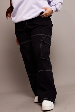 Reinforced Stitching Black Cargo Jeans High Rise Wide Leg Contrast Details