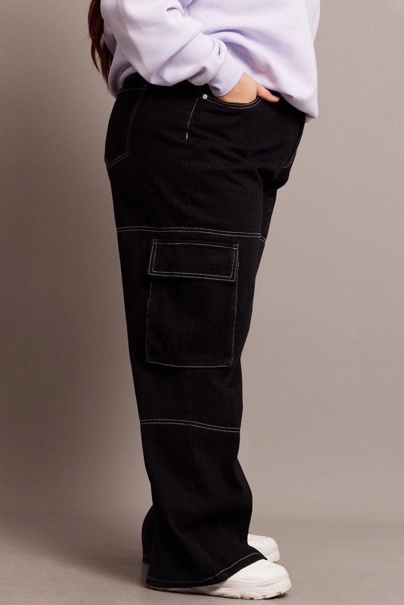 Textured Party Look Soft Holiday Vibes Stretch Black Cargo Jeans High Rise Wide Leg Contrast Details