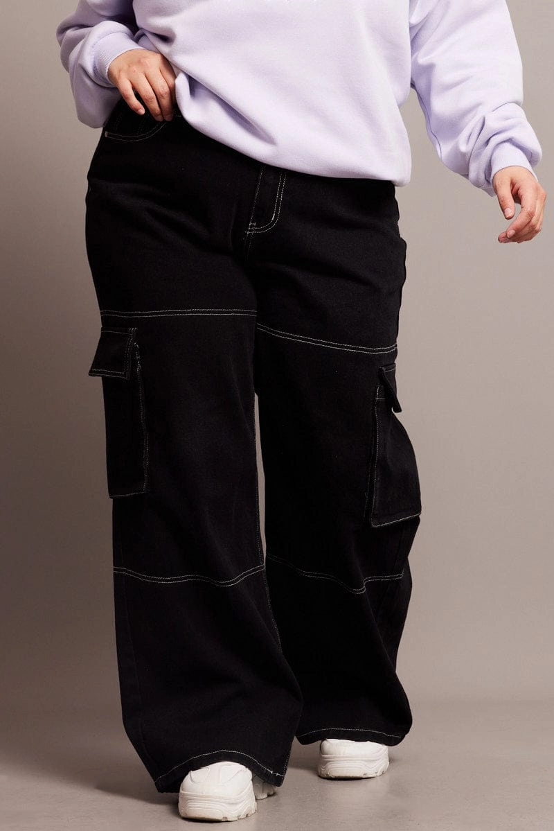Quick Outfit All Size Fit Black Cargo Jeans High Rise Wide Leg Contrast Details